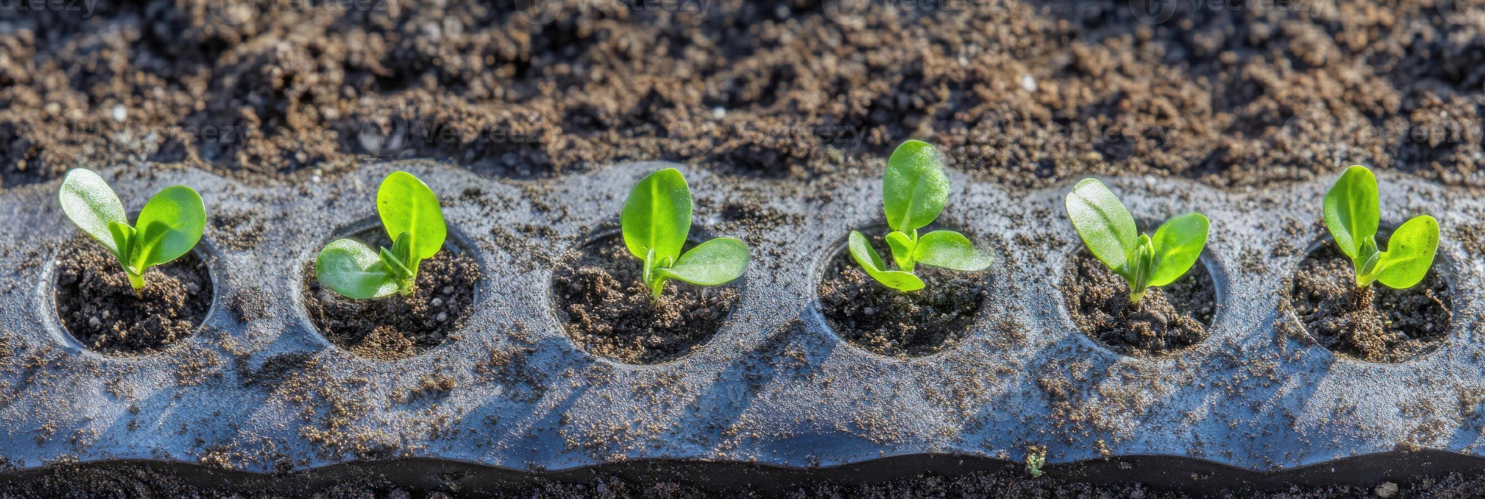 Rows of vibrant green seedlings emerging from soil in plastic trays for agriculture photo