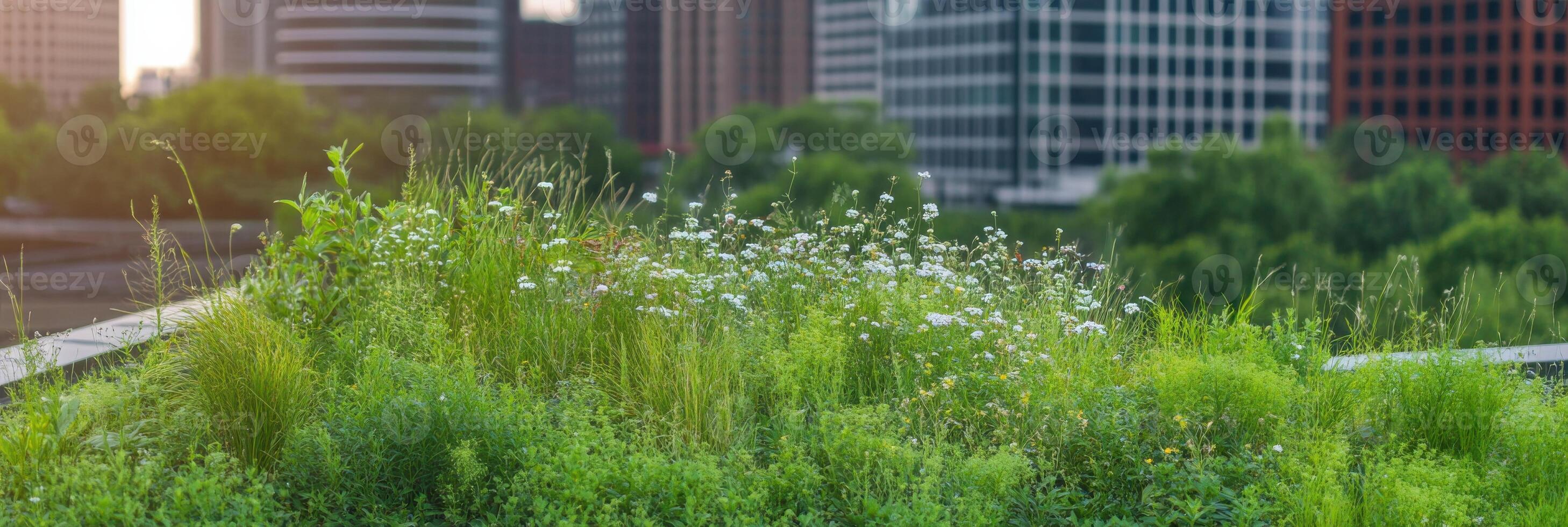Urban green roof with wildflowers and foliage overlooking city buildings photo
