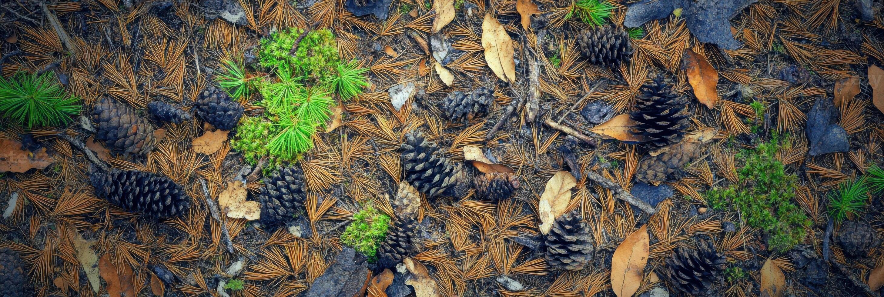 Forest floor with pine needles, cones, and green moss in a natural woodland setting photo