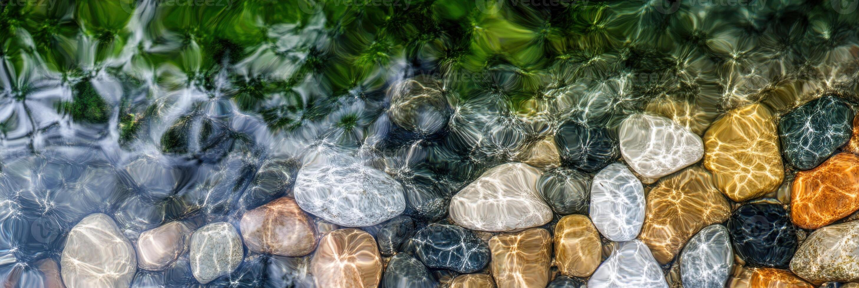 Abstract pattern of multicolored stones under clear water with natural light reflections photo