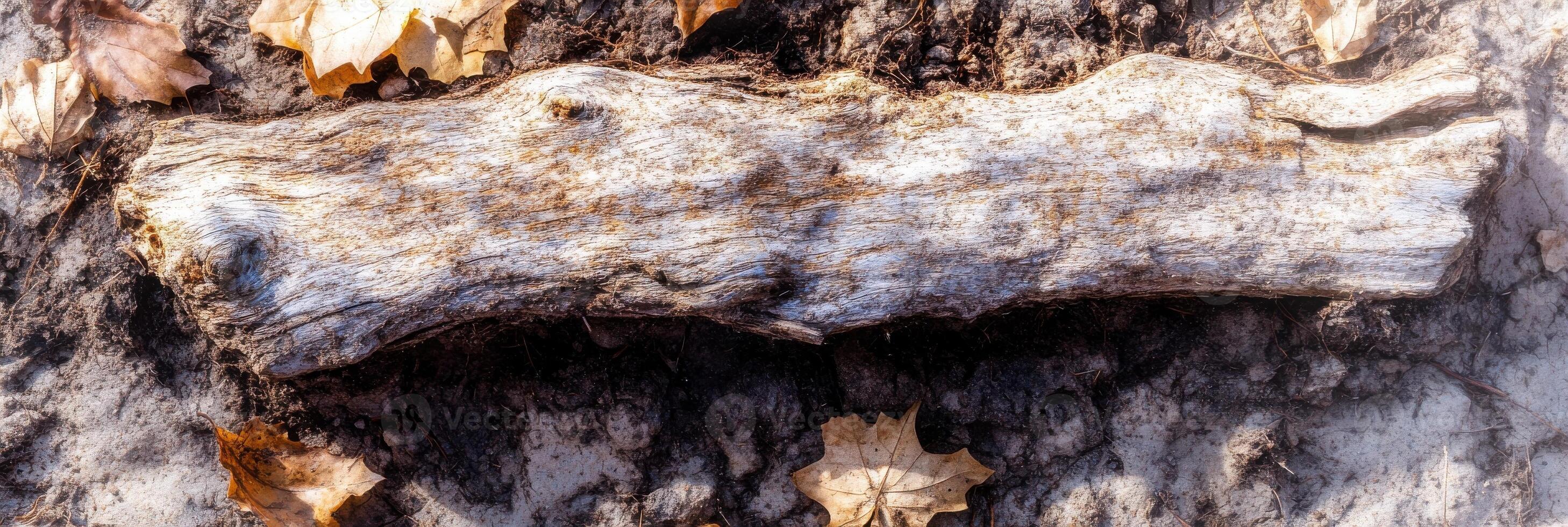 Weathered wooden log surrounded by autumn leaves on forest floor photo