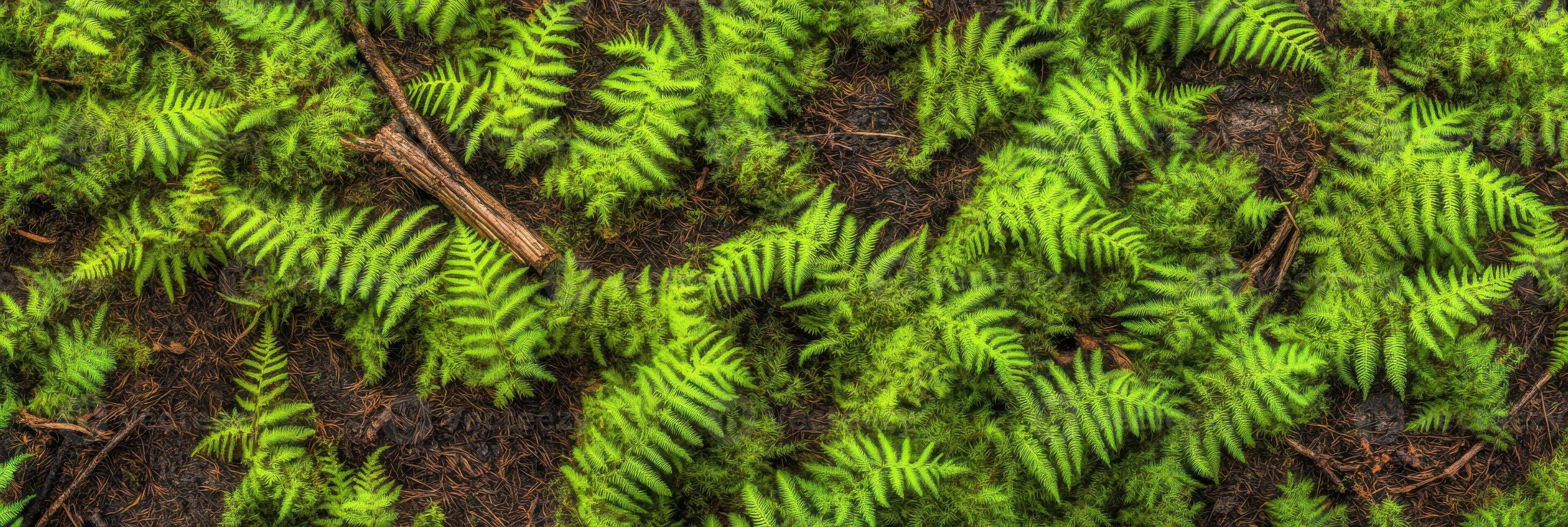 Lush green fern leaves on forest floor displaying natural patterns photo