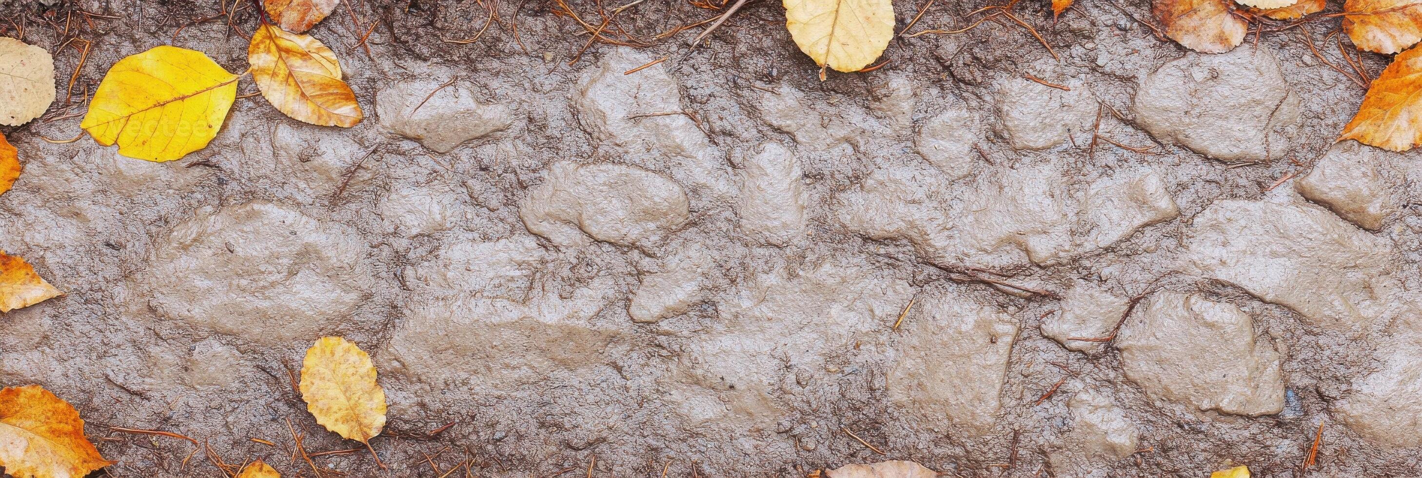 Autumn leaves on muddy ground creating a natural textured background photo