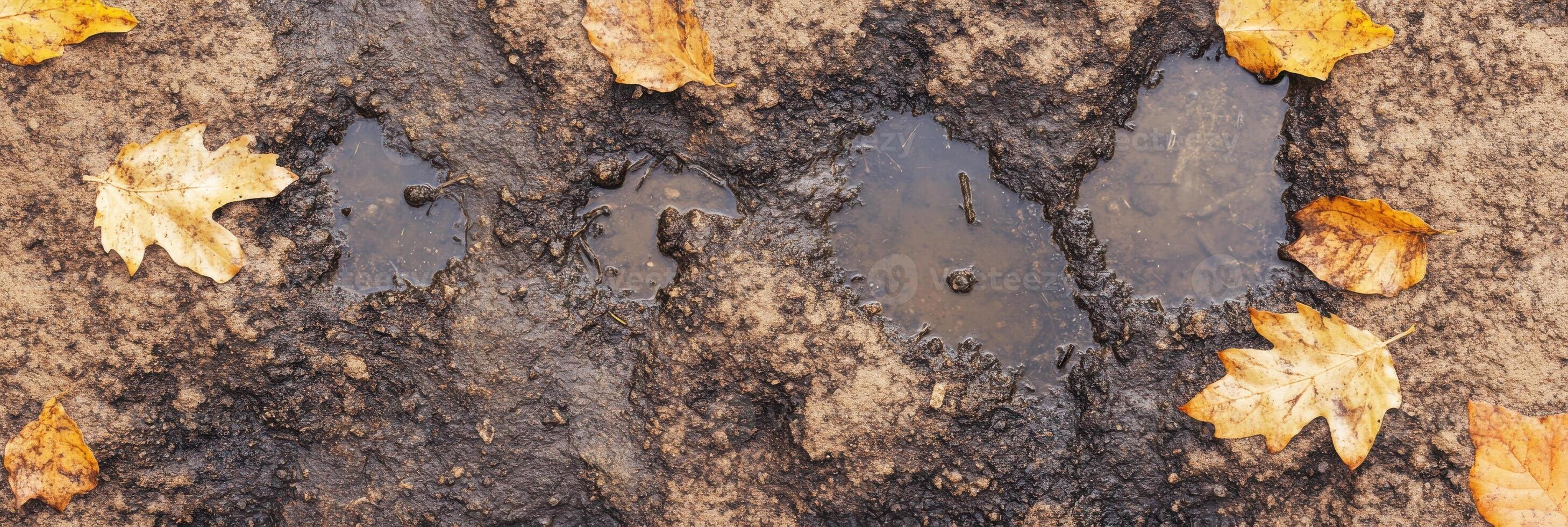 Autumn leaves and muddy puddles on a dirt path captured in early fall photo