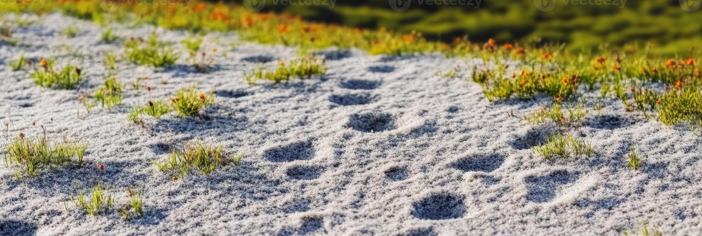 Snow-covered meadow with footprints in springtime greenery concept photo