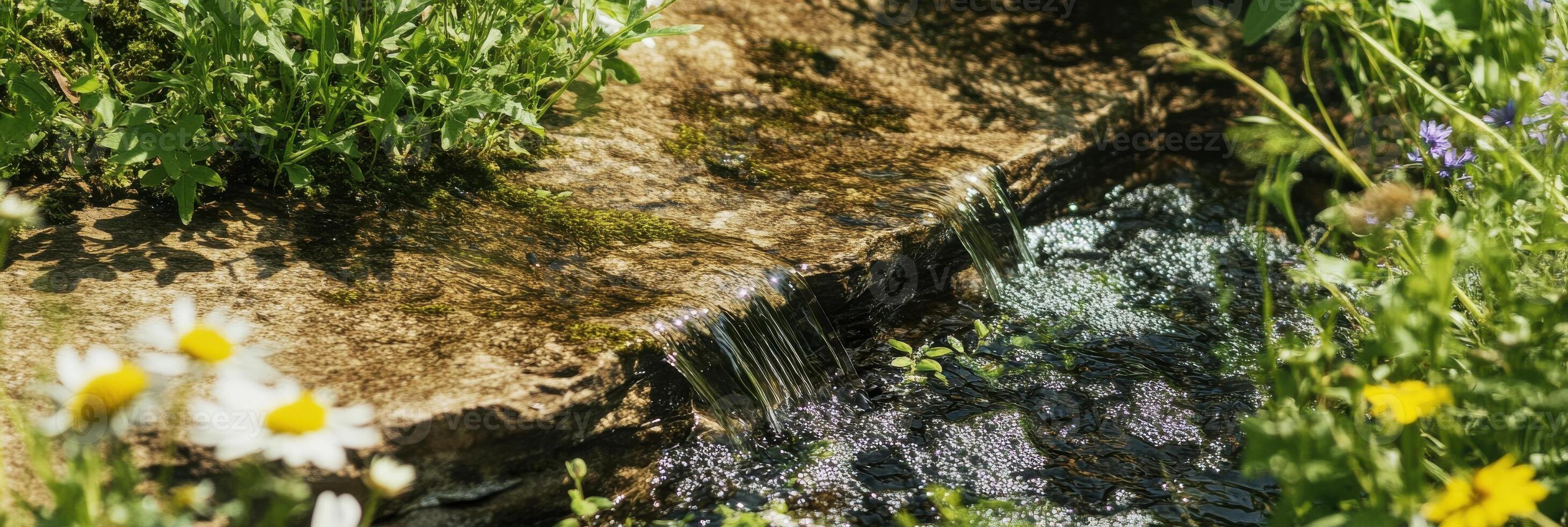 Tranquil spring water flowing over moss-covered rocks in a lush garden photo