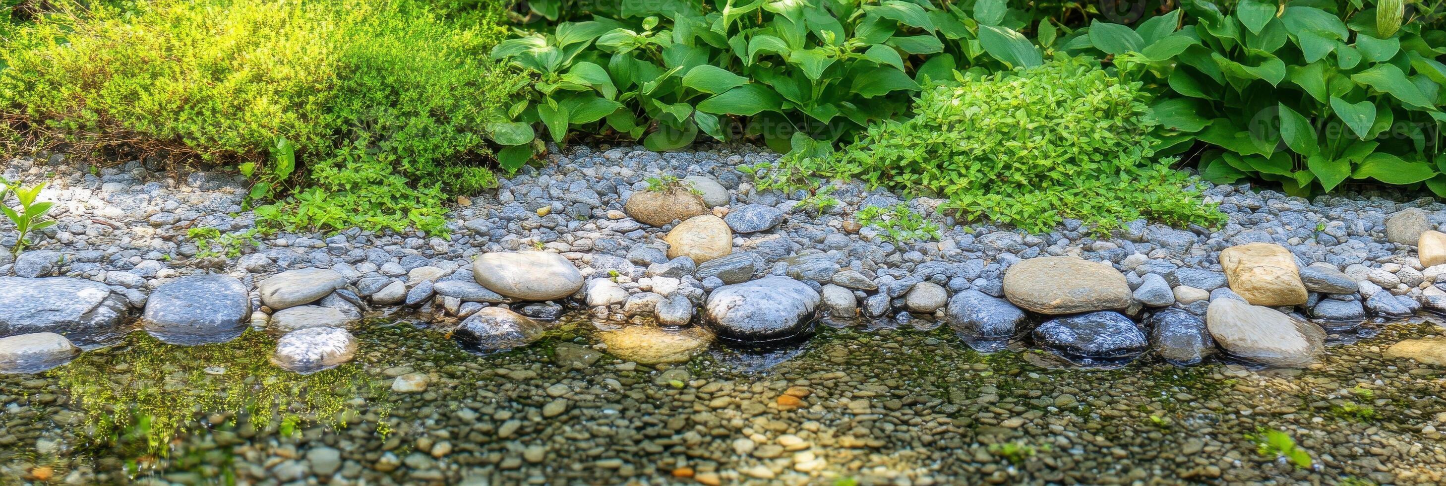 Tranquil garden riverbank with rocks and lush green foliage reflection photo