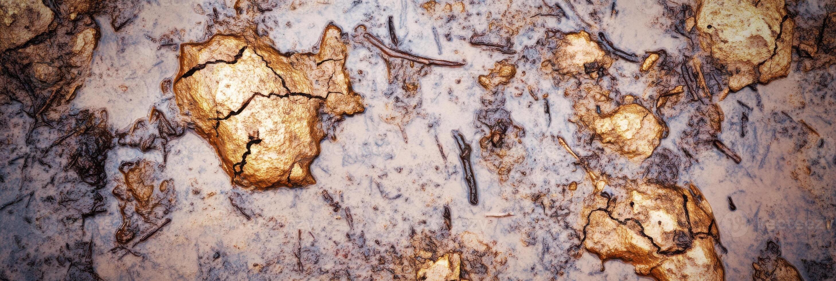 Cracked mud terrain with golden light reflection for natural texture background photo