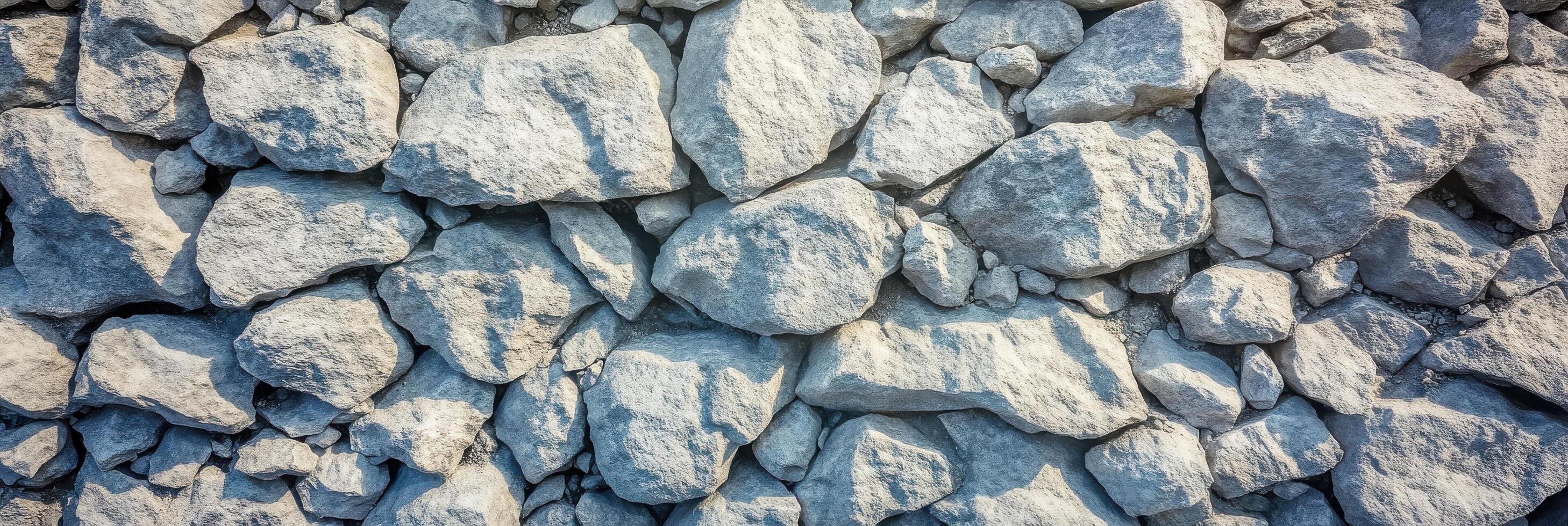 Textured surface of natural stone wall piled with large gray rocks photo