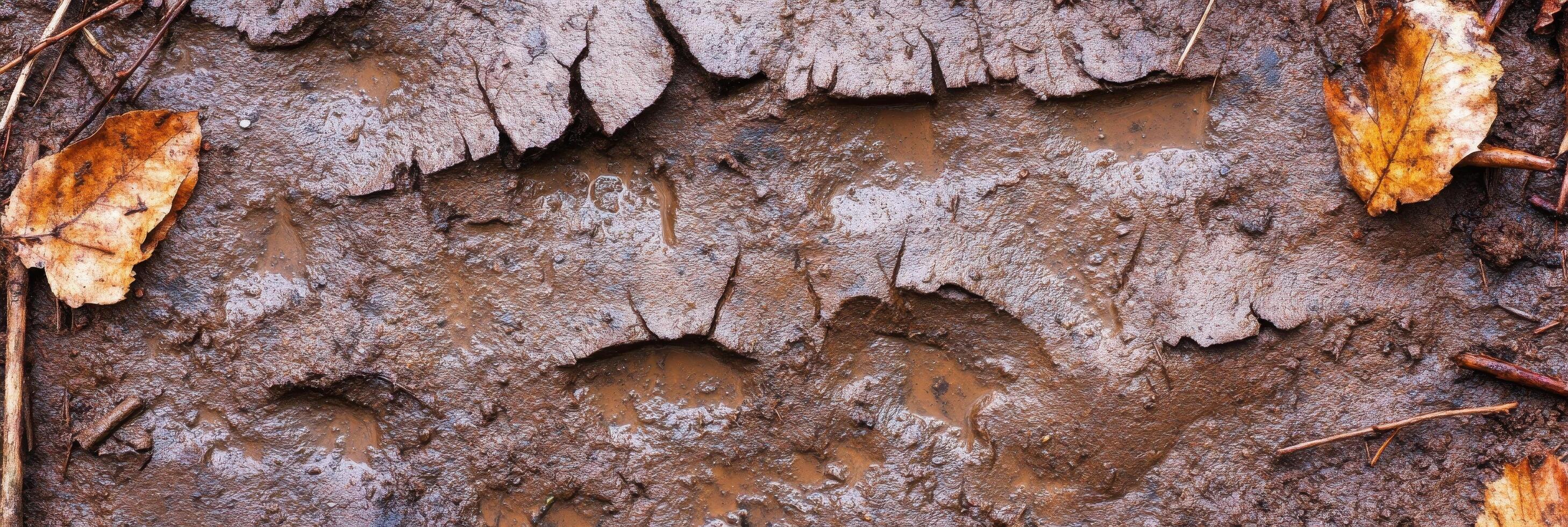 Animal footprints in wet mud with autumn leaves in forest pathway photo