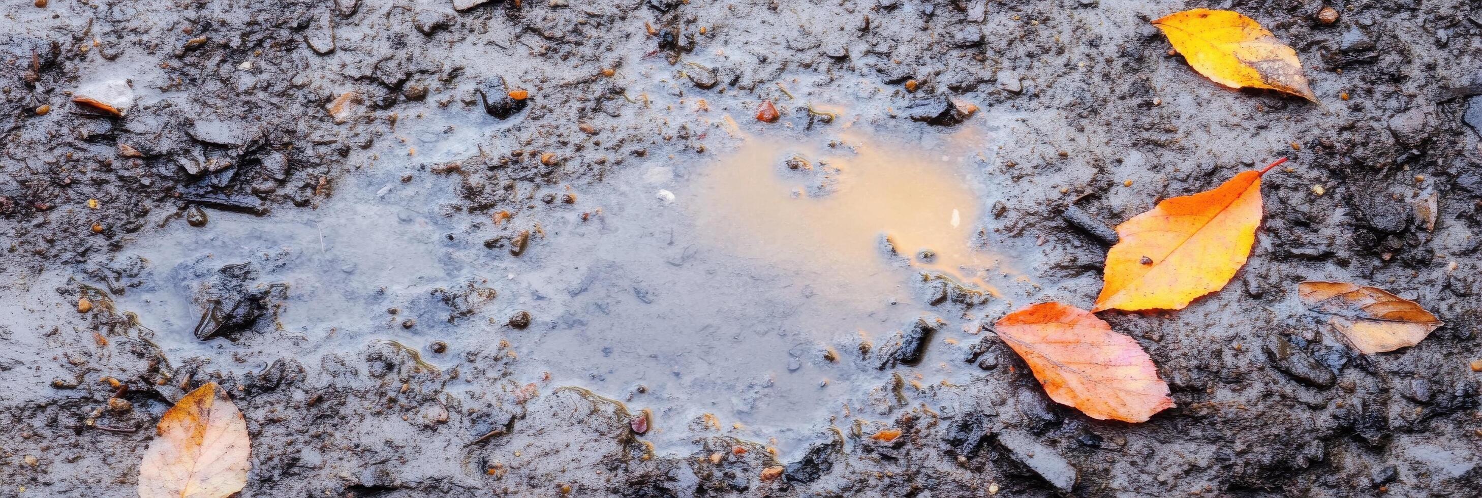 Vibrant autumn leaves in muddy puddle reflecting seasonal changes photo