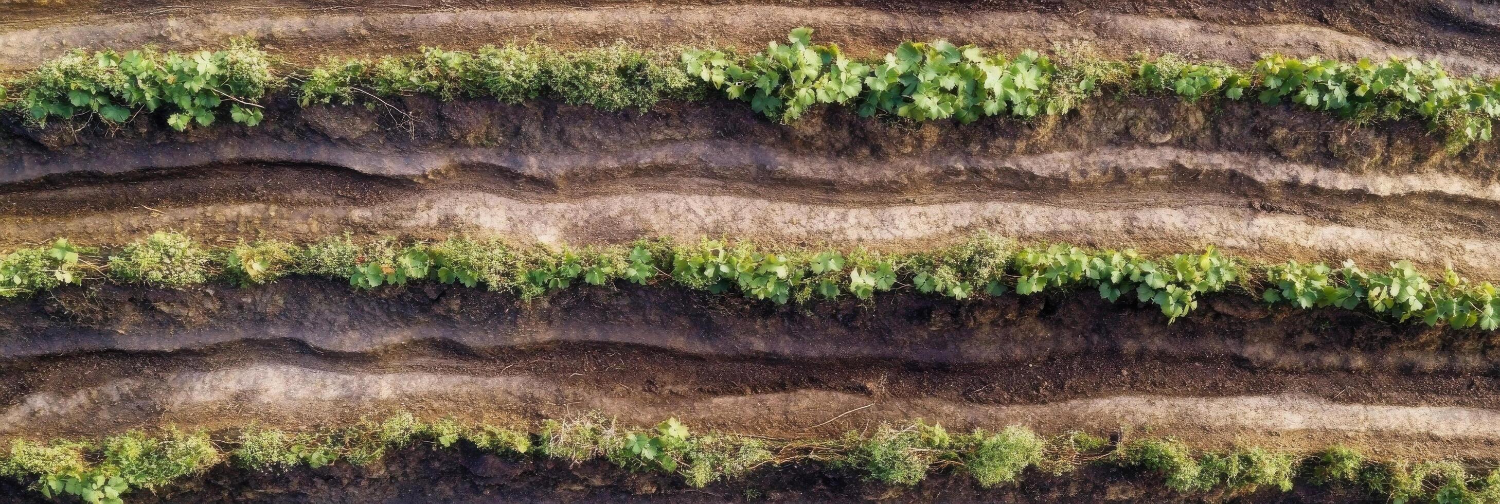 Aerial view of lush green rows of agricultural plants in a field photo