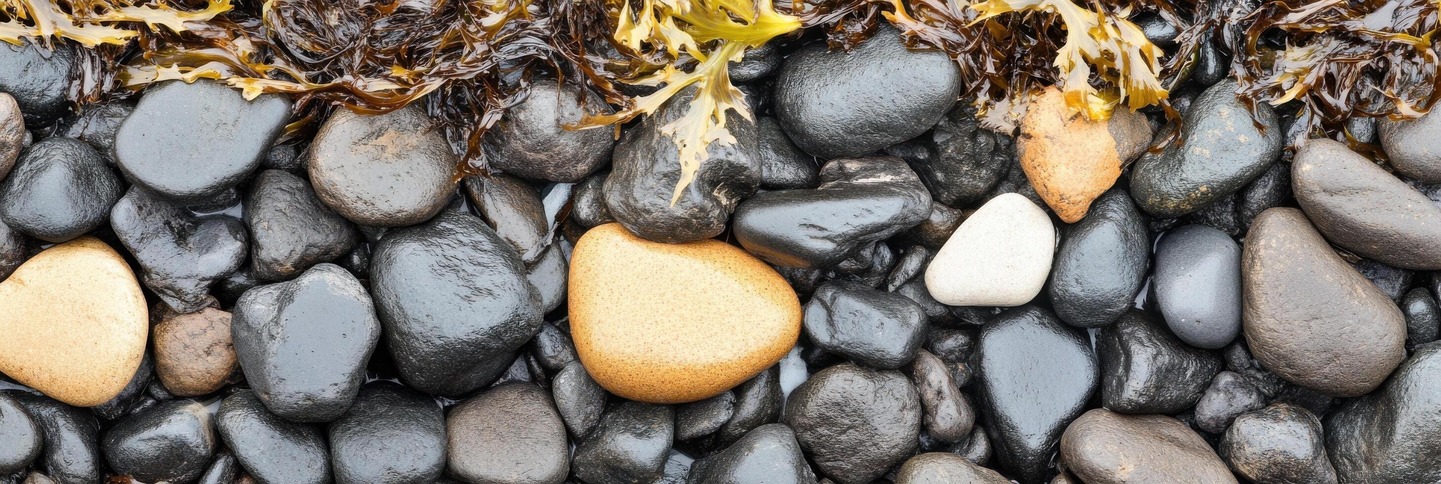 Colorful stone pebbles and seaweed on a beach shore capturing nature texture photo
