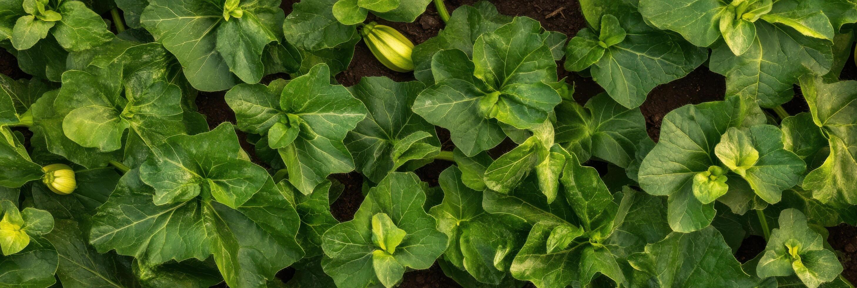 Lush green pumpkin plant patch with emerging buds in a field of rich soil photo