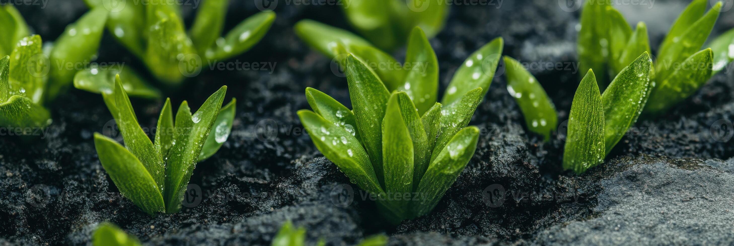 Fresh green seedlings emerging from soil with dew drops in natural setting photo