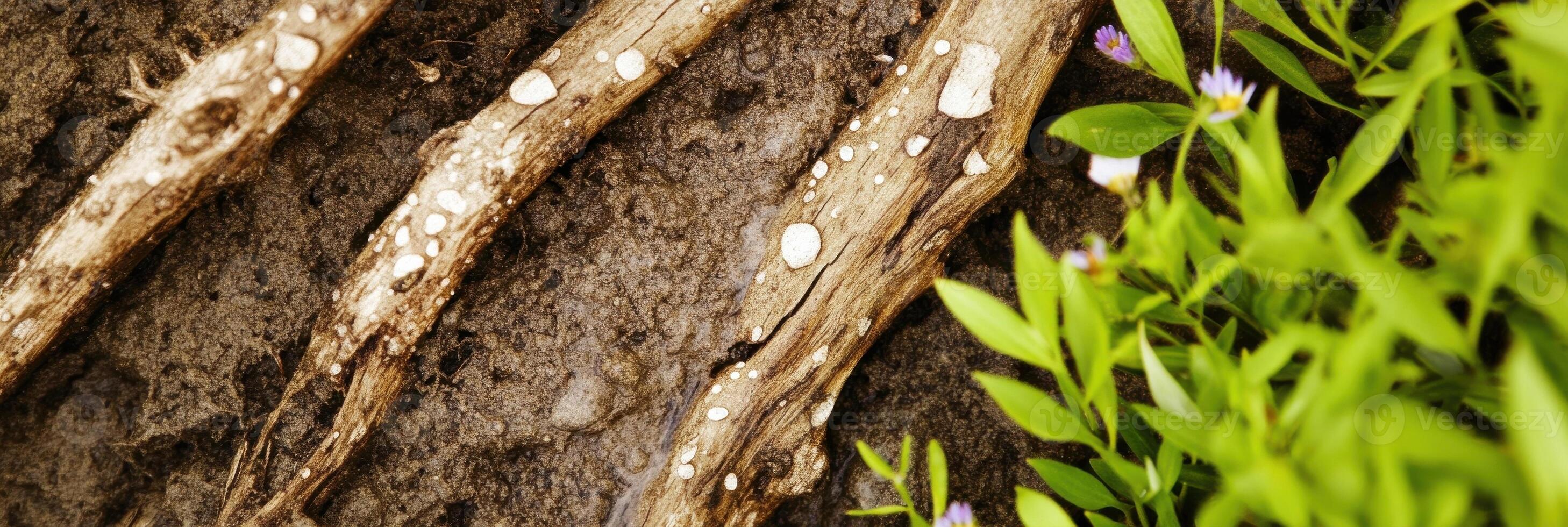 Close-up of tree roots with lichen on soil surface surrounded by green foliage photo