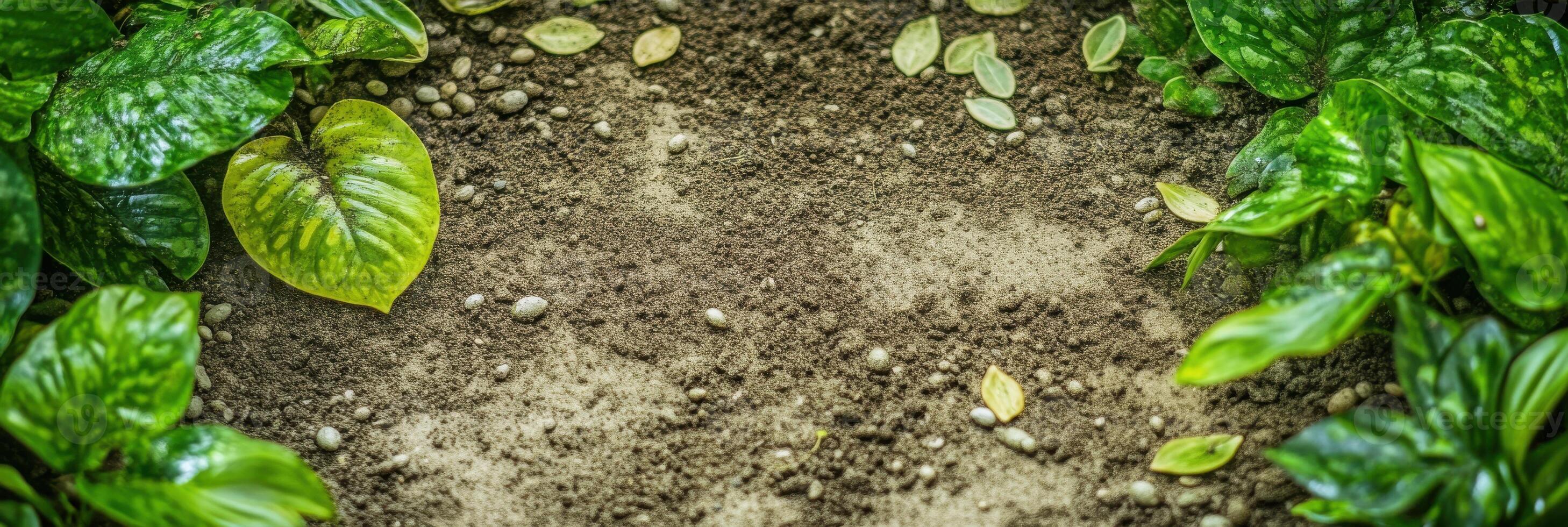 Vibrant green foliage surrounding rich soil with scattered pebbles and seeds photo