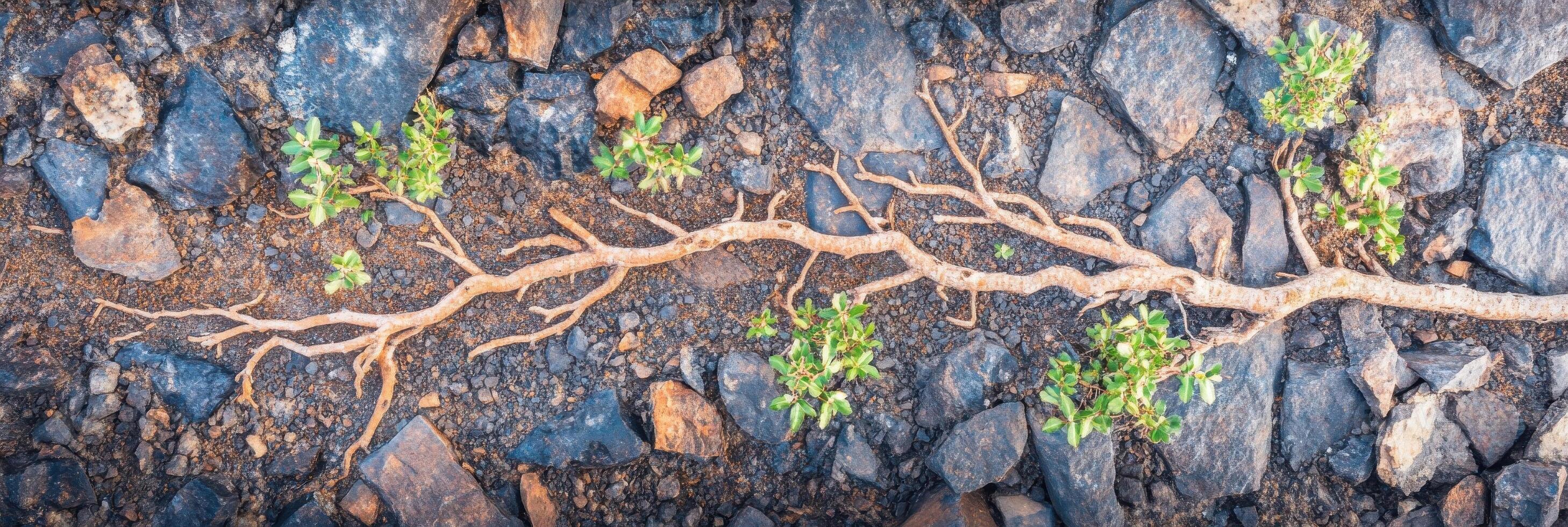 Dry branch with small green leaves on rocky background depicting contrast in nature photo
