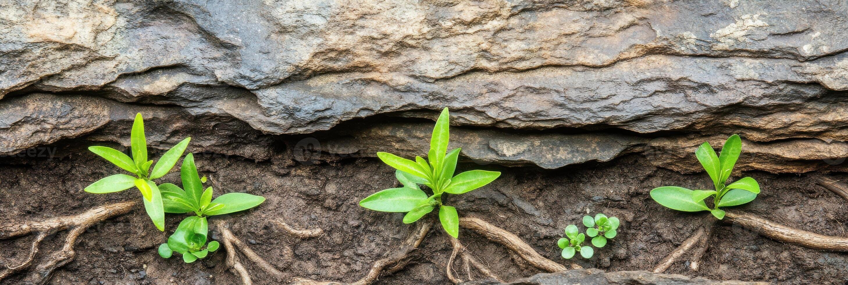 Small green plants emerging from rocky soil beneath weathered rock surface photo