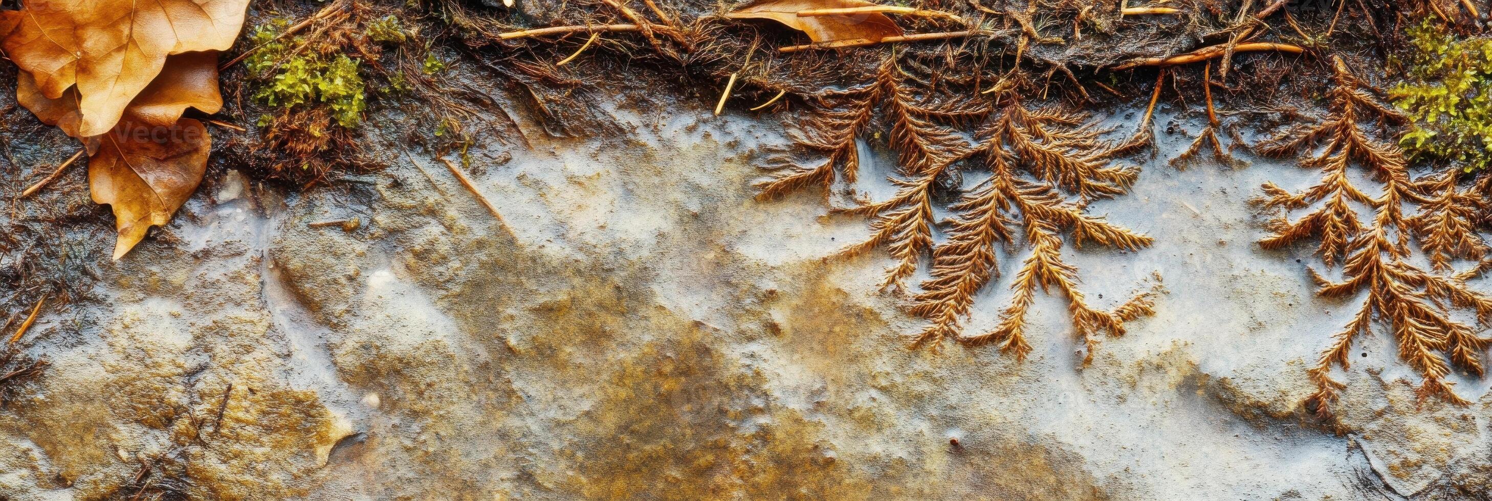 Autumn leaves and fern patterns on icy ground in a forest setting photo