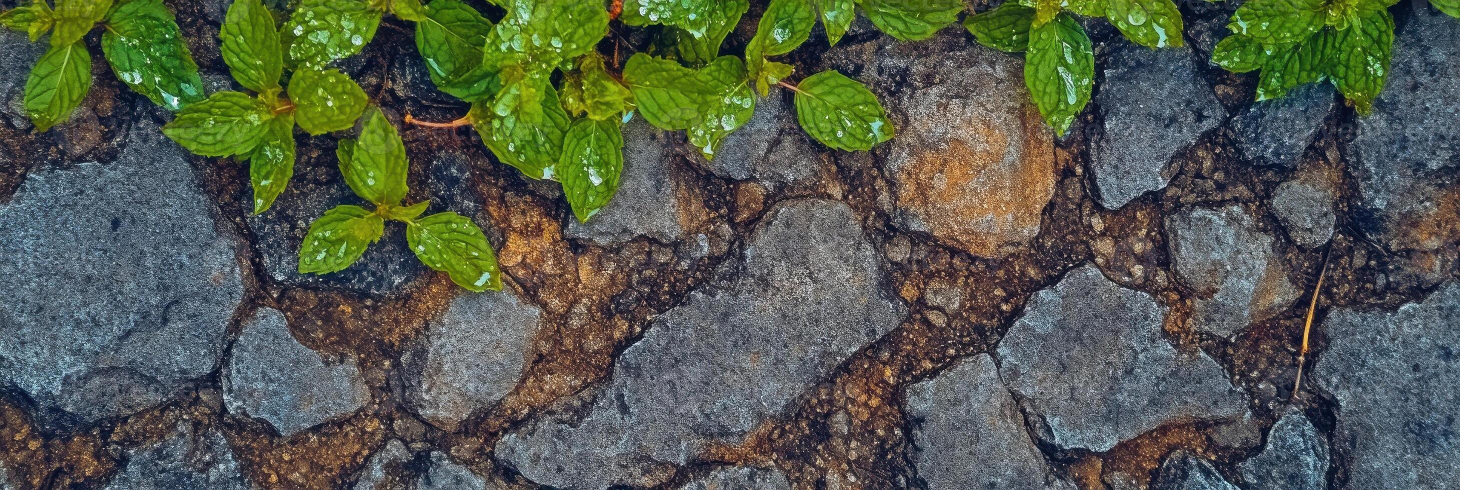 Lush green leaves on wet stone pathway capturing nature and texture photo