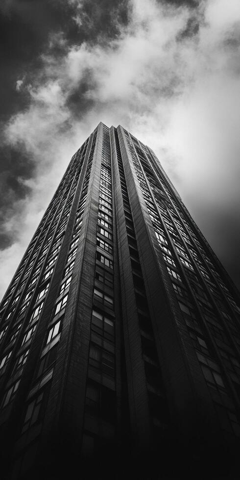 Low angle view of a tall skyscraper reaching into the dramatic cloudy sky photo