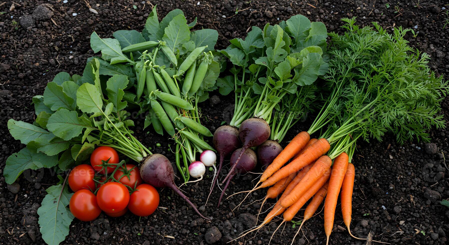 Harvest of Fresh Vegetables from the Garden Tomatoes Carrots Beets Peas photo