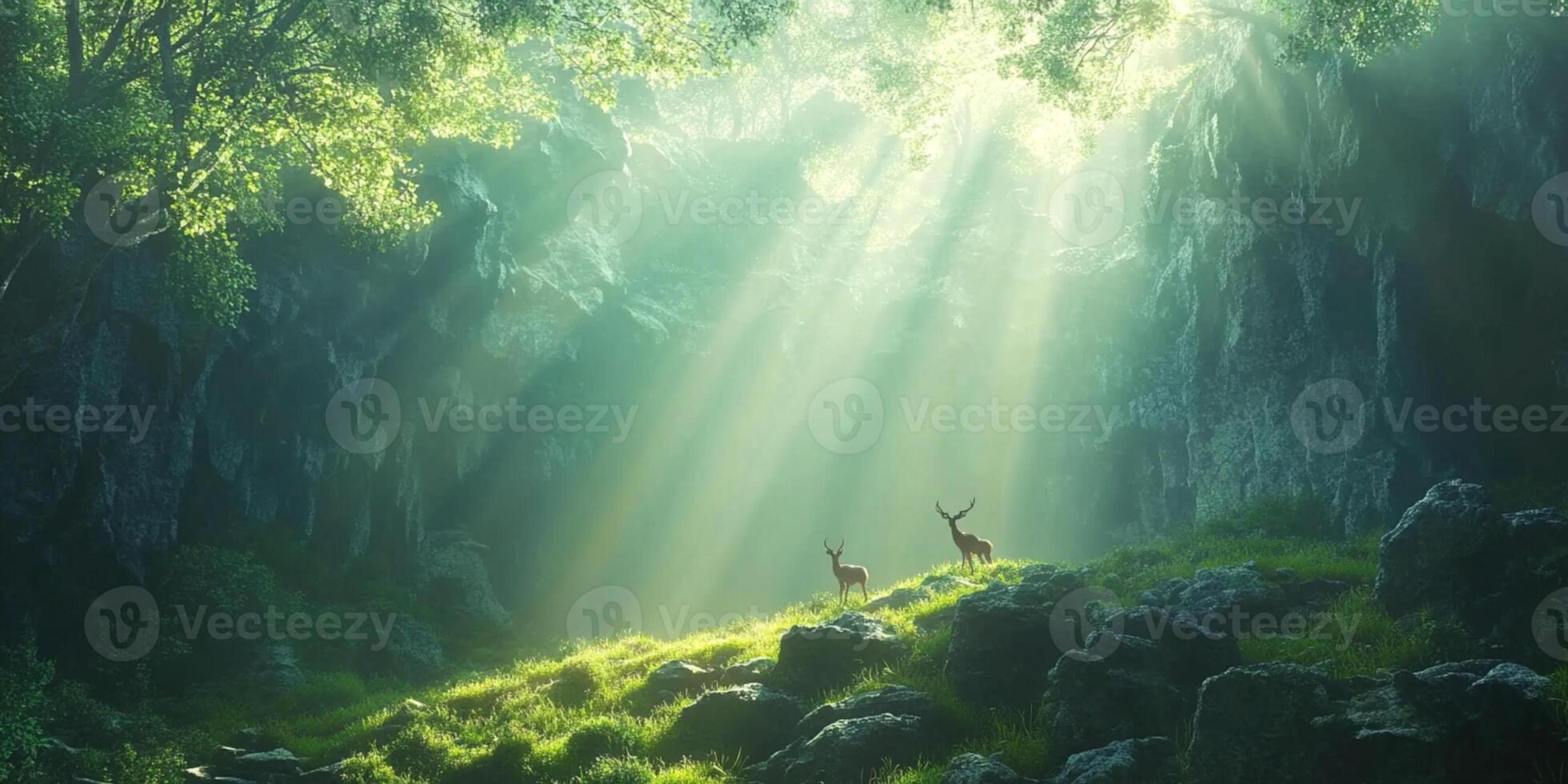 Two deer standing in a serene forest glade with ethereal sun rays photo