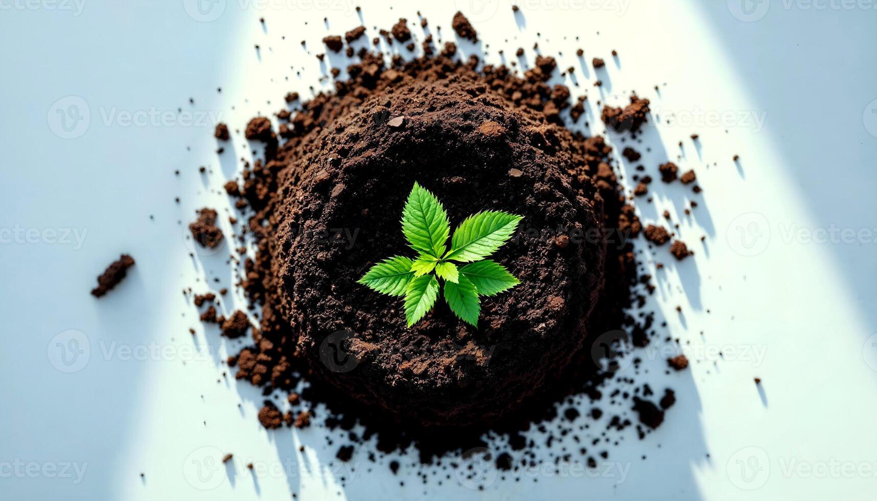 Green plant growing in dark soil on white background with sunlight effect photo