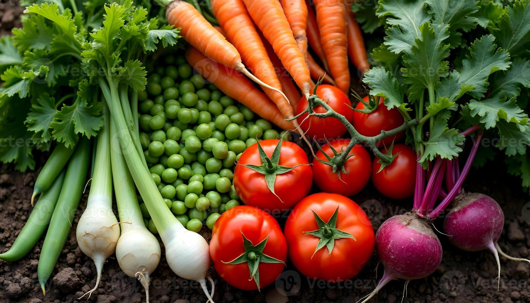 Freshly Harvested Garden Vegetables Displayed on Soil Surface in Sunlight photo