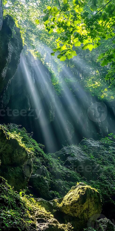 Sun Rays Streaming Through Lush Green Forest Canopy in Natural Light photo
