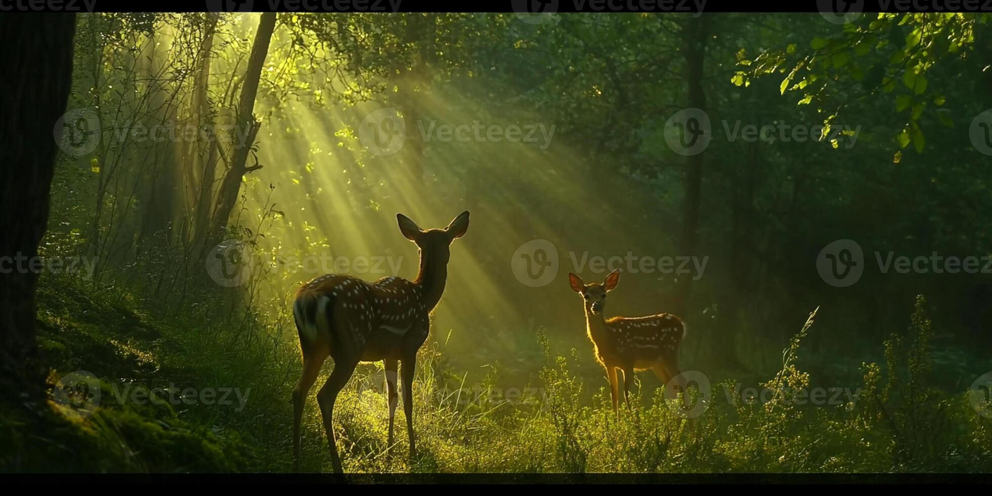 Two adorable deers standing in a sunlit forest clearing peacefully photo