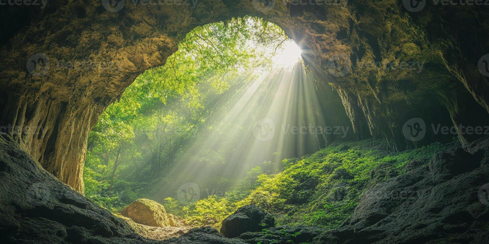 Sun Rays Illuminating Lush Green Cave Entrance in Tranquil Forest photo
