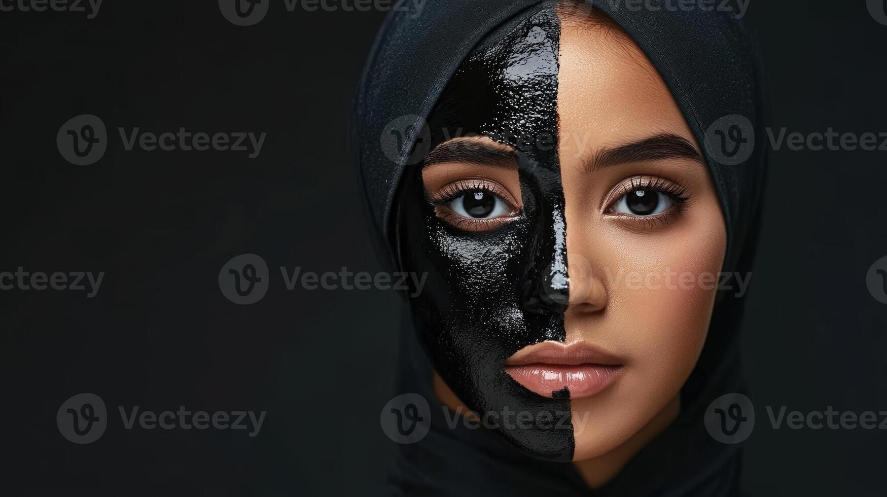Beautiful woman wearing hijab with black facial mask for skincare photo