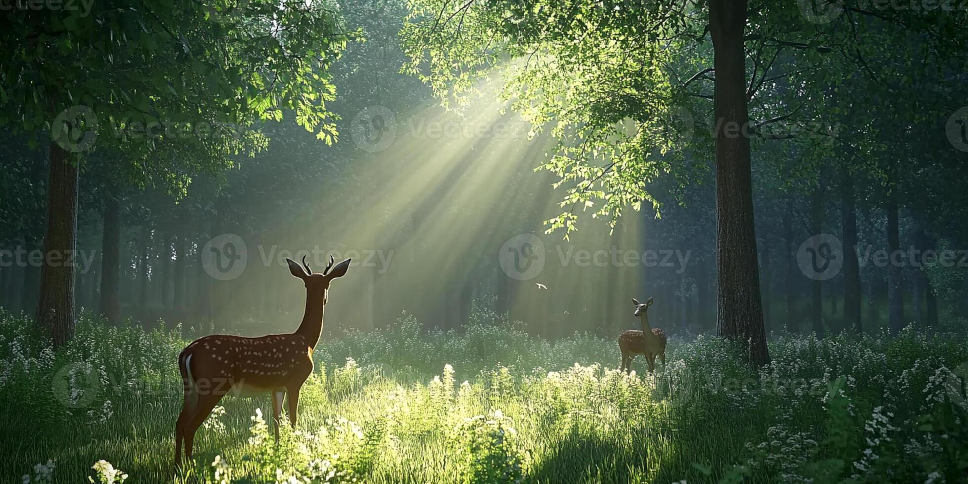 Deer standing in forest with sun rays shining through trees photo