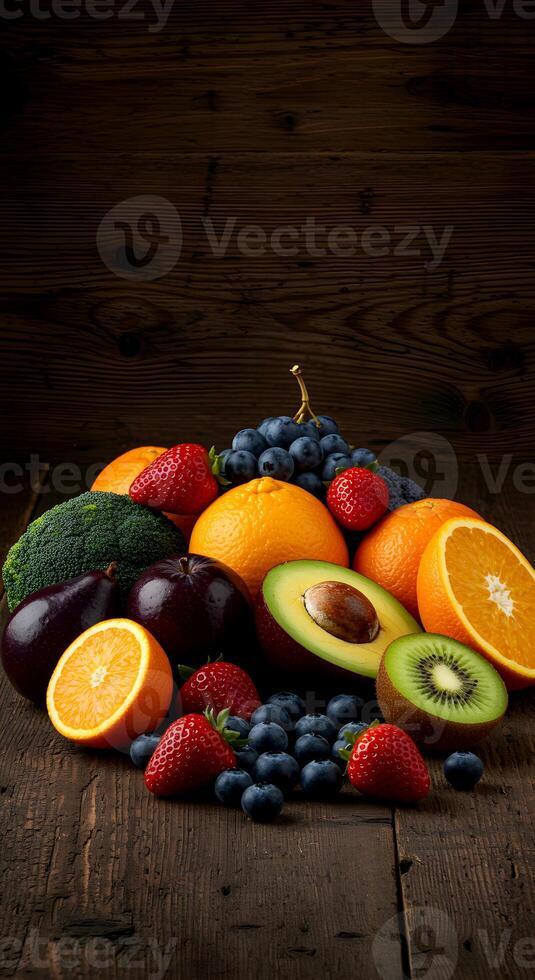 Vibrant fruit and vegetable assortment on rustic wooden surface display photo