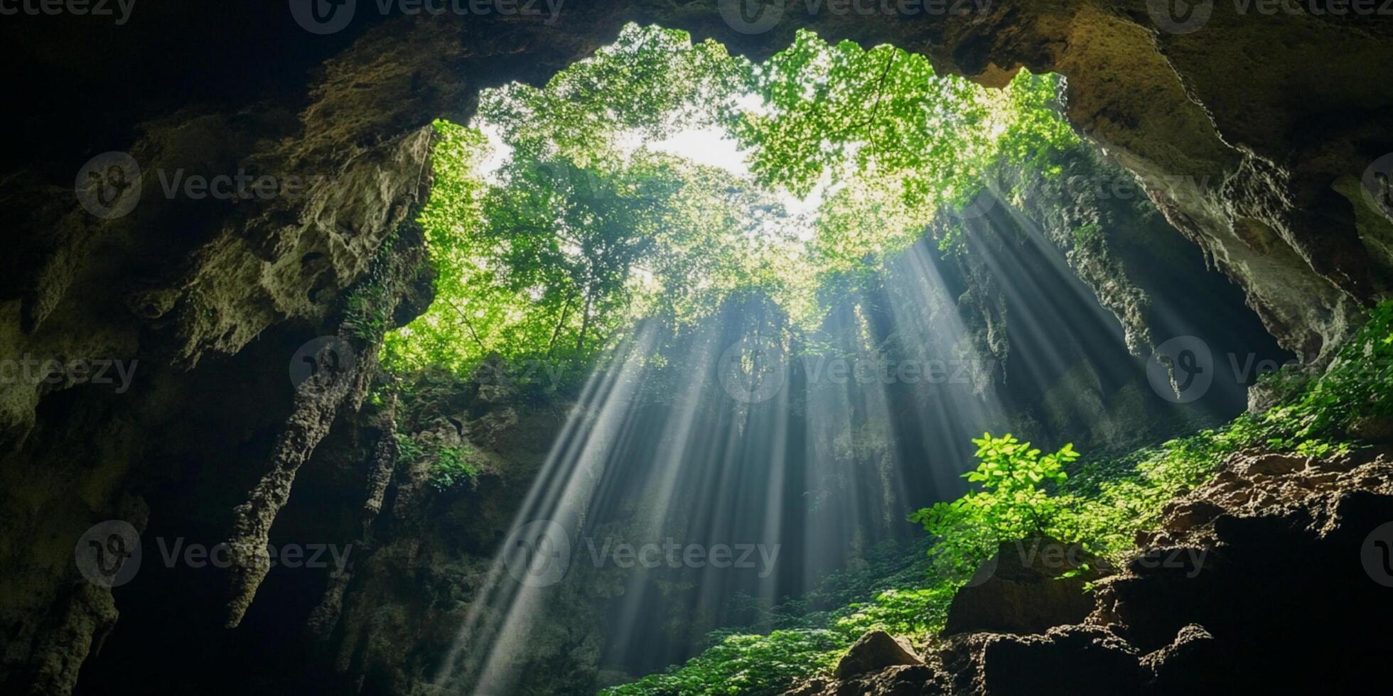Sunbeams Streaming Through Cave Opening with Lush Greenery Inside photo