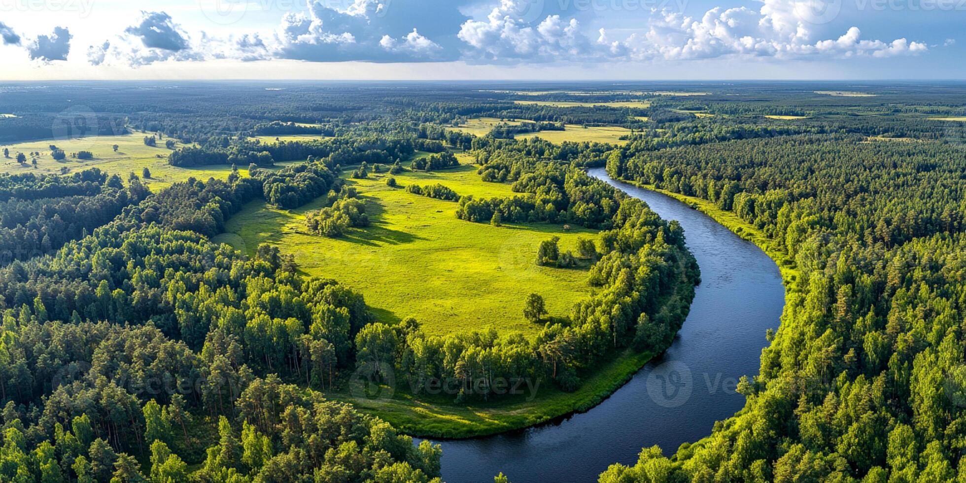 Aerial view of a winding river flowing through lush green forest photo