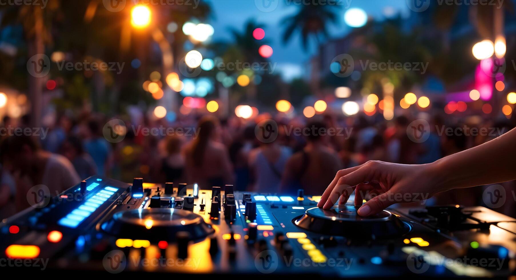 DJ Mixing Music at Nightclub Party with Crowd in the Background photo