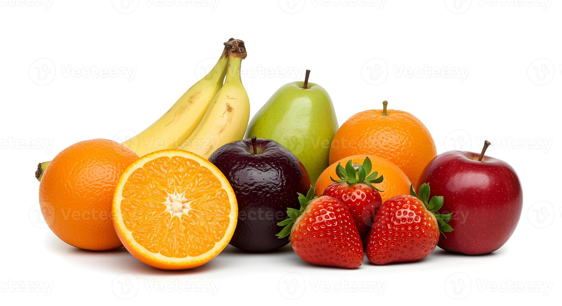 Group of Fresh Fruits Featuring Oranges Bananas Apples and Strawberries photo