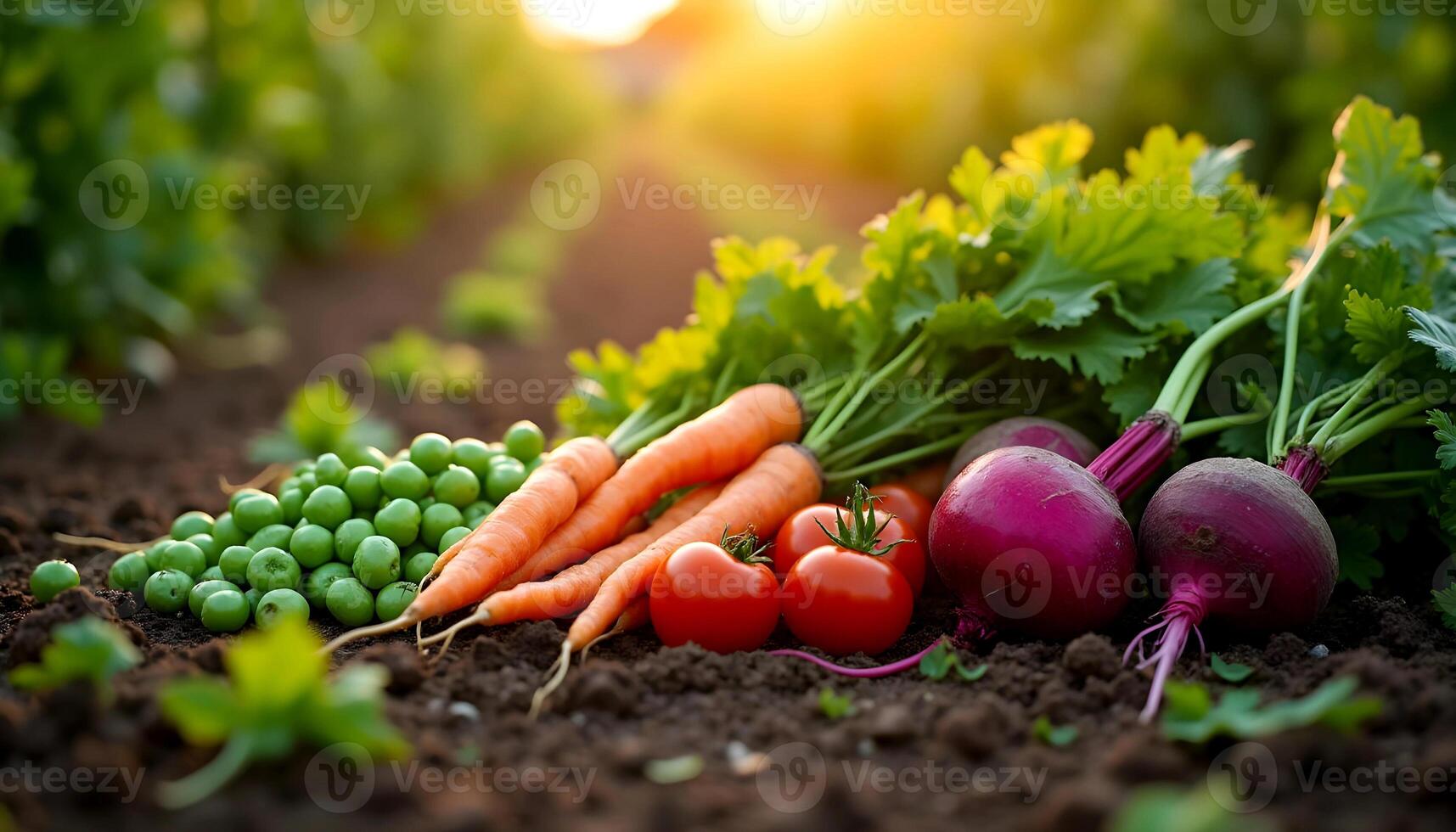Freshly harvested vegetables carrots peas beets tomatoes in garden sunlight photo