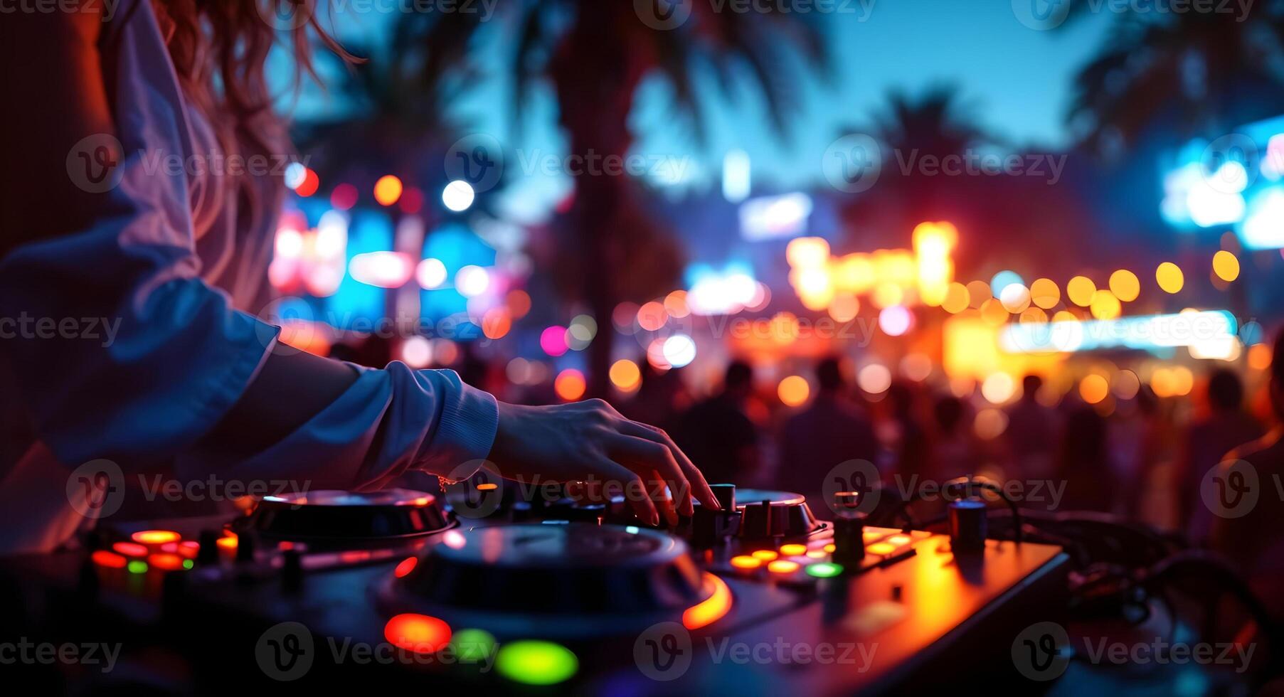 Female DJ Mixing Music at a Vibrant Outdoor Party Event Scene photo