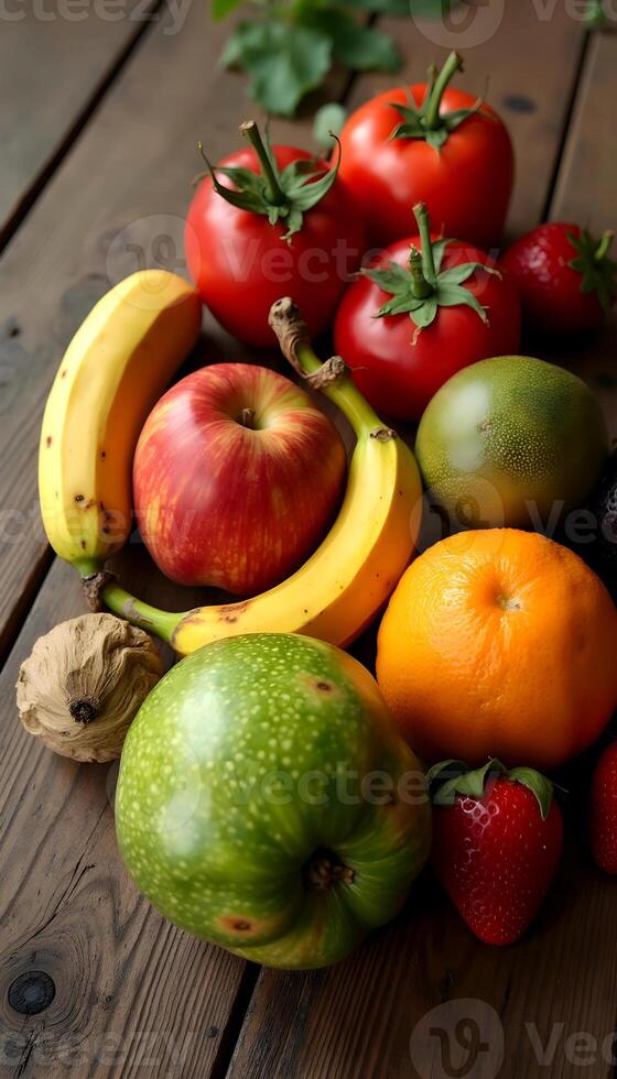 Fresh Fruits Display on Wooden Tabletop with Tomatoes and Bananas photo