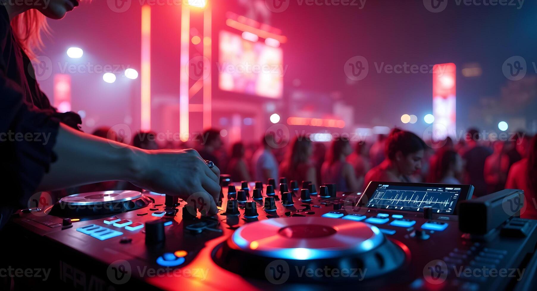 Female DJ Mixing Music at a Nightclub Event with Crowd photo