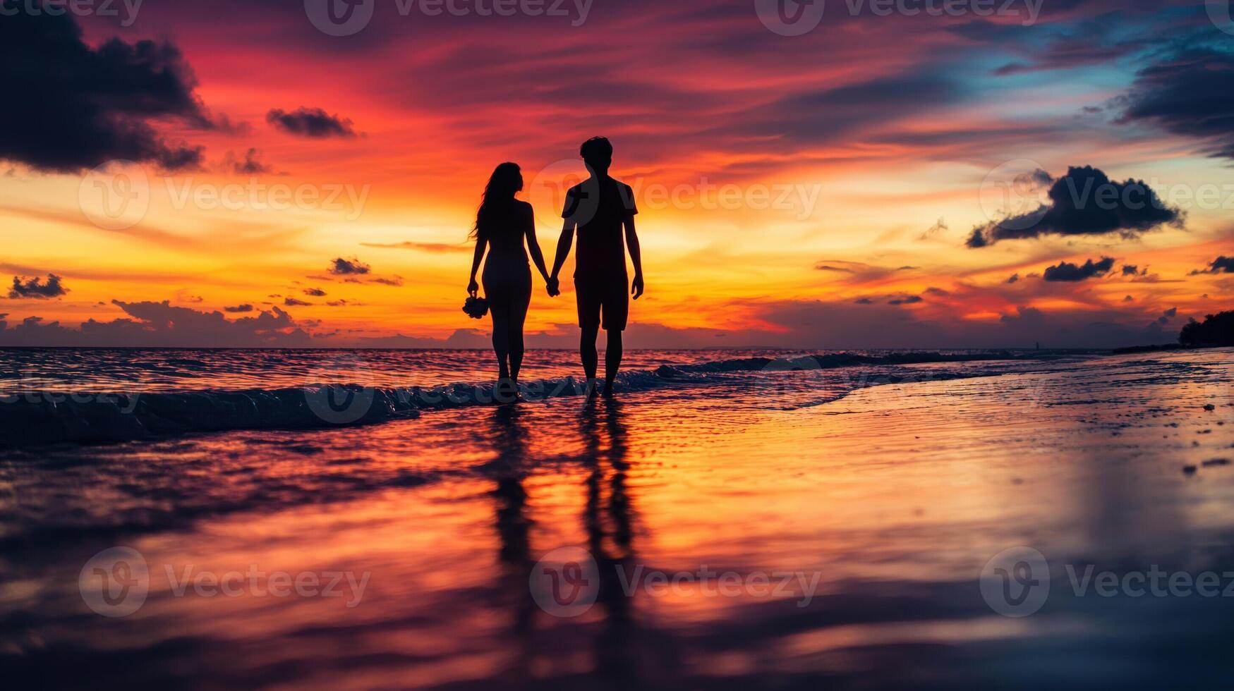 Romantic Couple Walking on Beach at Sunset Holding Hands Silhouette photo
