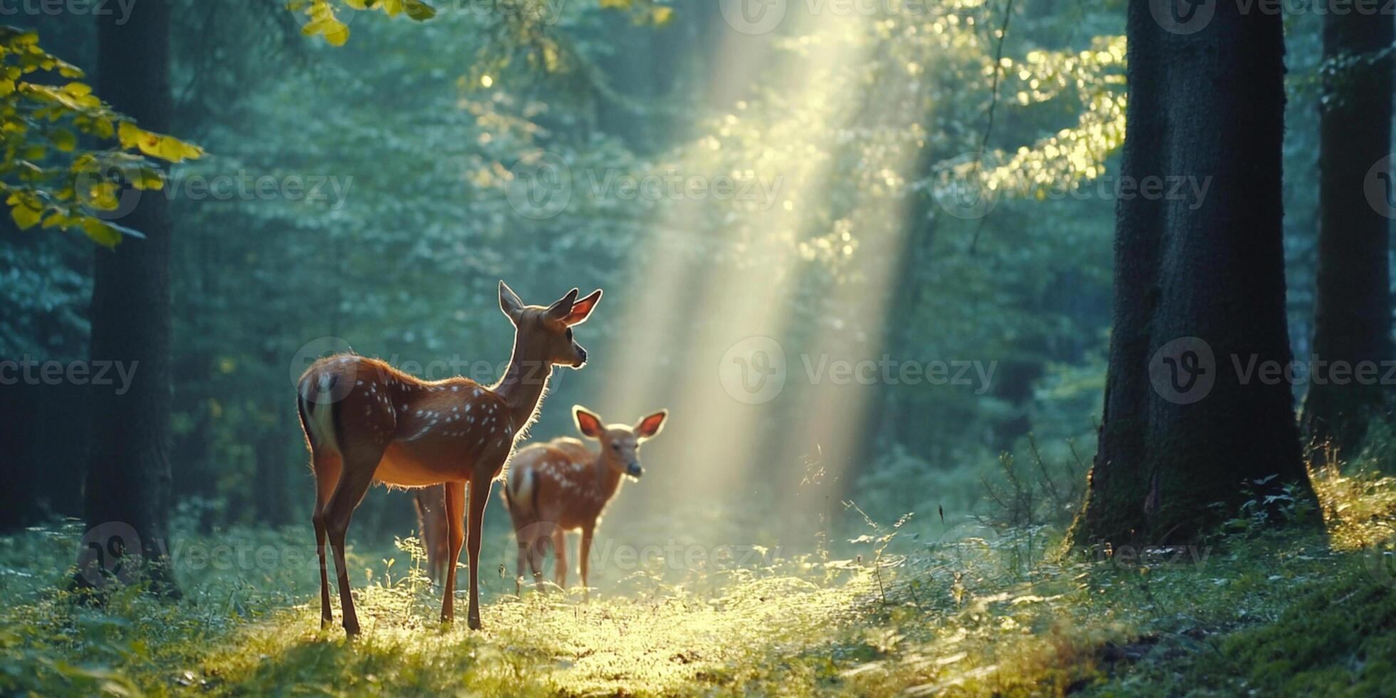 Two young deers standing in a forest illuminated by sun rays photo