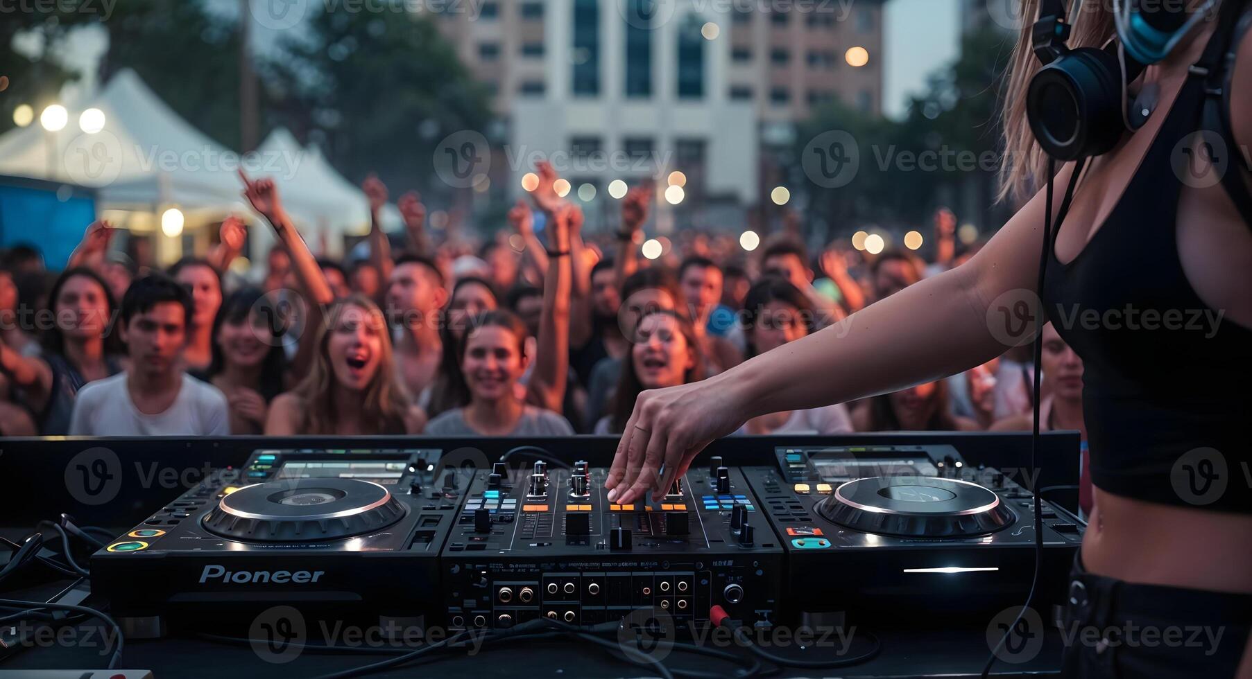 Female DJ Performing Live at Outdoor Music Festival for Crowd photo