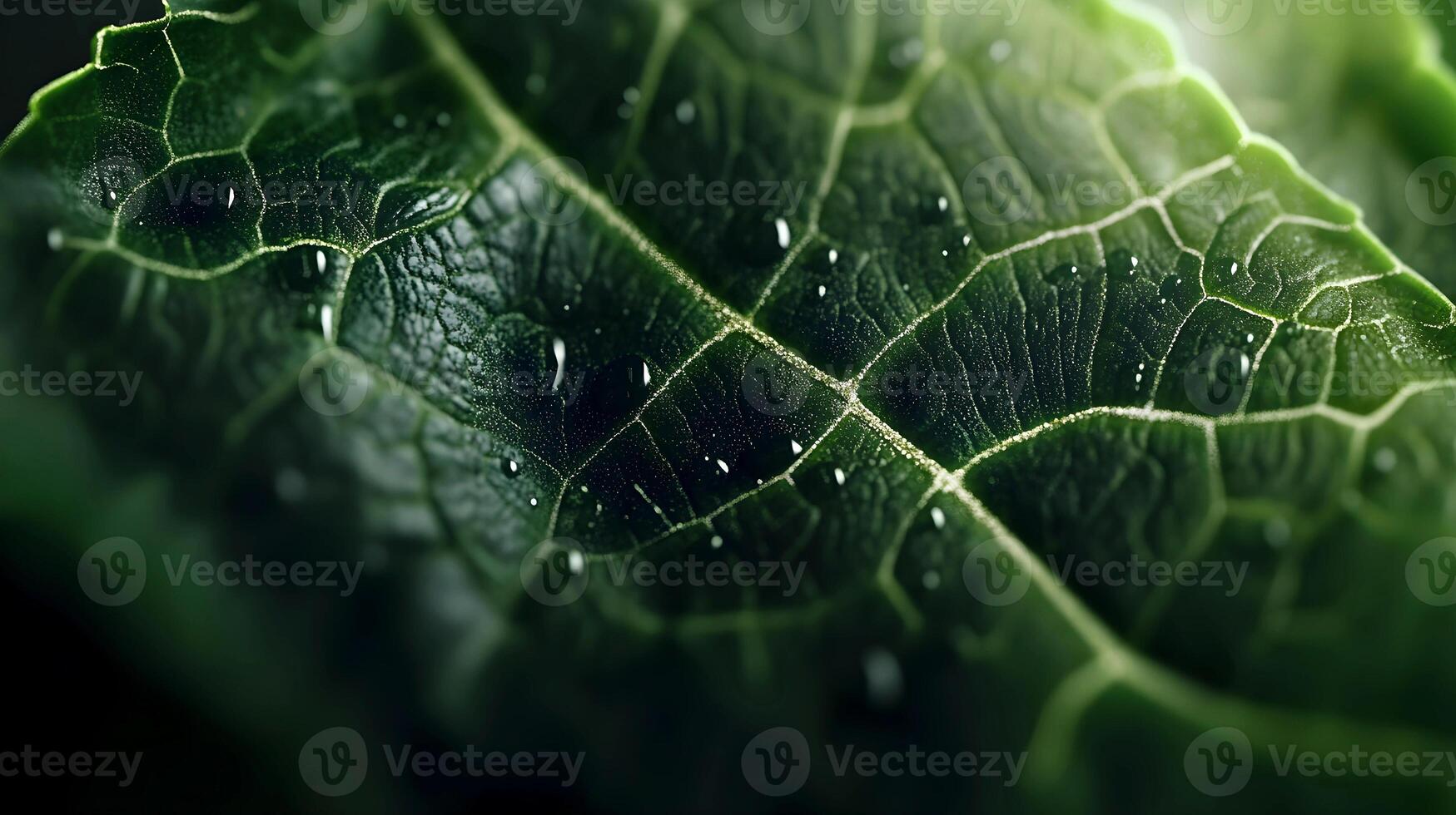Close up of a vibrant green leaf with water droplets glistening on its surface photo