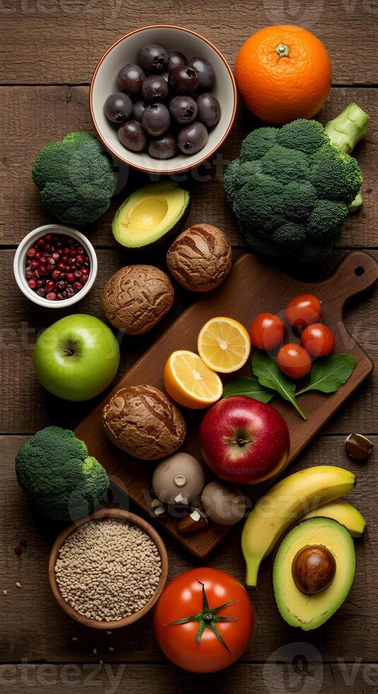 Variety of Fresh Fruits Vegetables and Grains on Wooden Tabletop Display photo