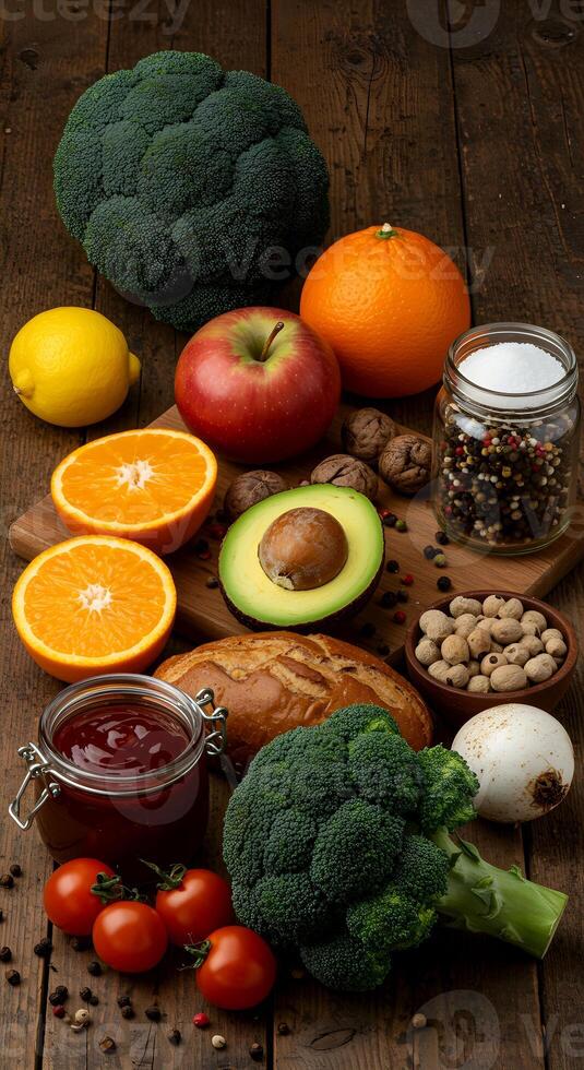Fresh vegetables and fruits arrangement on wooden table top view healthy eating photo